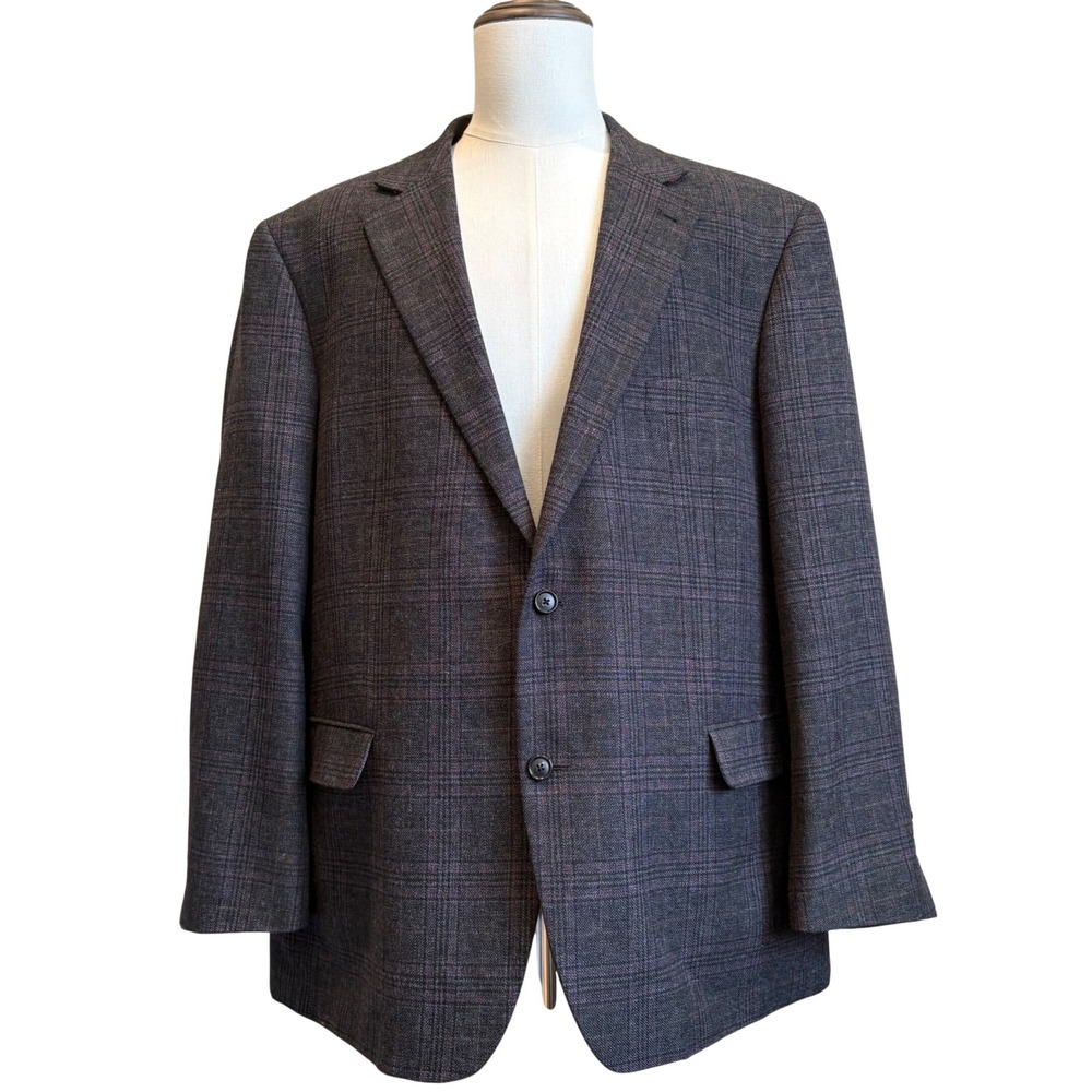 Oak Hill Blazer Mens 2XL 50/52R Grey Purple Glen Check Two Button‎ Sport Coat